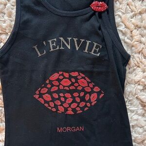 Morgan de Toi Black Tank Top with Red Lip Graphic